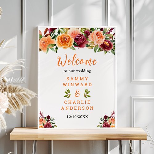 Autumn Burgundy Orange Floral Wedding Welcome Sign