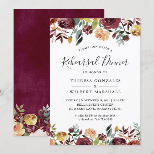 Autumn Burgundy Peach Gold Floral Rehearsal Dinner Invitation