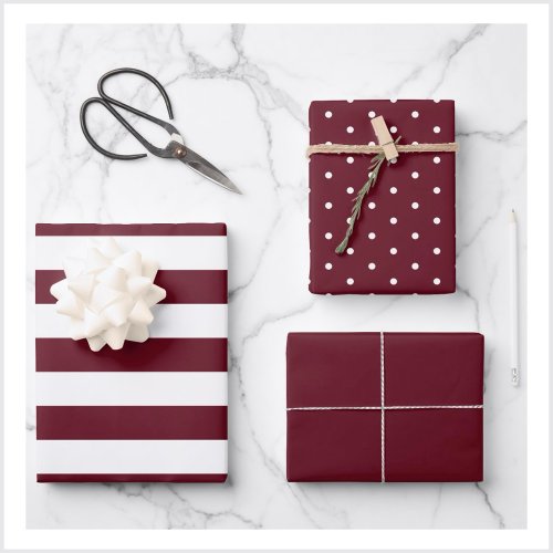 Autumn Burgundy Polka Dot Wide Striped and Solid Wrapping Paper Sheets