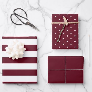 Autumn Burgundy Polka Dot Wide Striped And Solid Wrapping Paper Sheets by DogwoodAndThistle at Zazzle