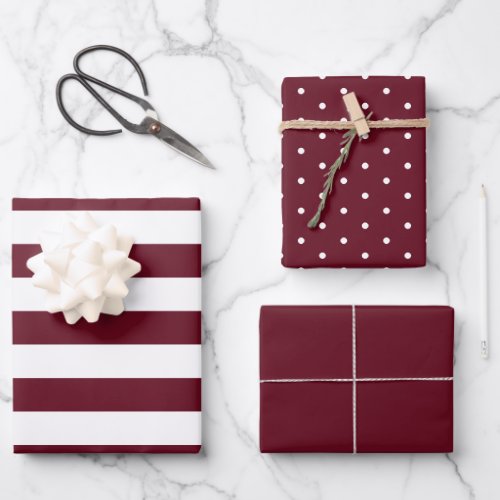 Autumn Burgundy Polka Dot Wide Striped and Solid Wrapping Paper Sheets