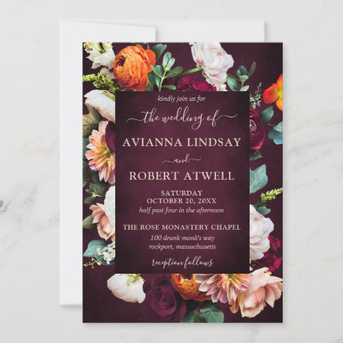 Autumn Burgundy Red Orange Blush Floral Wedding Invitation