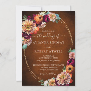 Autumn Burgundy Red Orange Blush Floral Wedding Invitation