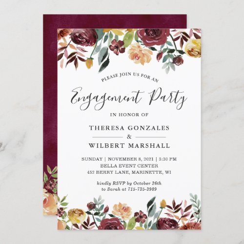 Autumn Burgundy Red Orange Floral Engagement Party Invitation