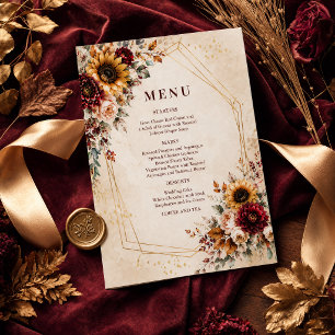 Autumn Burgundy Sunflower Wedding Menu Invitation