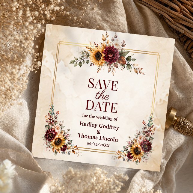 Autumn Burgundy Sunflower Wedding Sign Save The Date (Autumn Burgundy Sunflower Wedding Sign Save The Date #weddingsavethedate #weddingsunflowers #fall)