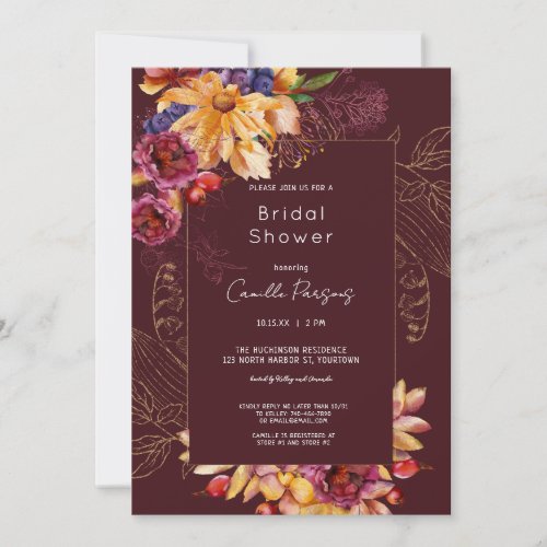 Autumn Burgundy Watercolor Floral Bridal Shower Invitation