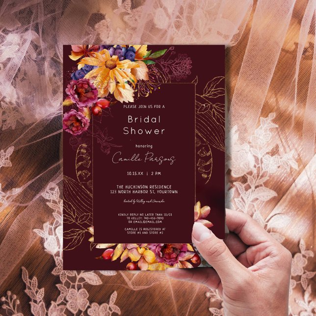 Autumn Burgundy Watercolor Floral Bridal Shower Invitation (Burgundy with gold daisies Bridal shower)