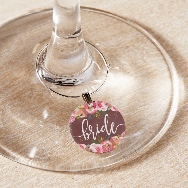 Autumn Burgundy Watercolor Floral Wedding Bride Wine Glass Charm (In Situ)