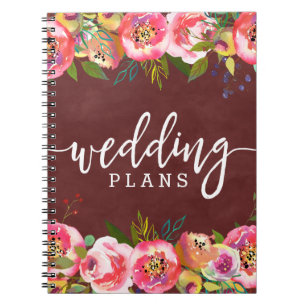 Autumn Burgundy Watercolor Floral Wedding Planner Notebook