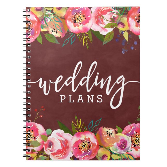 Autumn Burgundy Watercolor Floral Wedding Planner Notebook (Front)