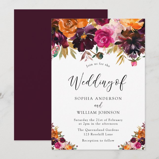 Autumn Burgundy Watercolor Flowers Fall Wedding Invitation (Front/Back)