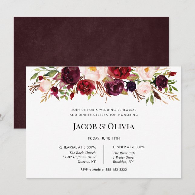 Autumn Burgundy Wedding Rehearsal Dinner invite (Front/Back)