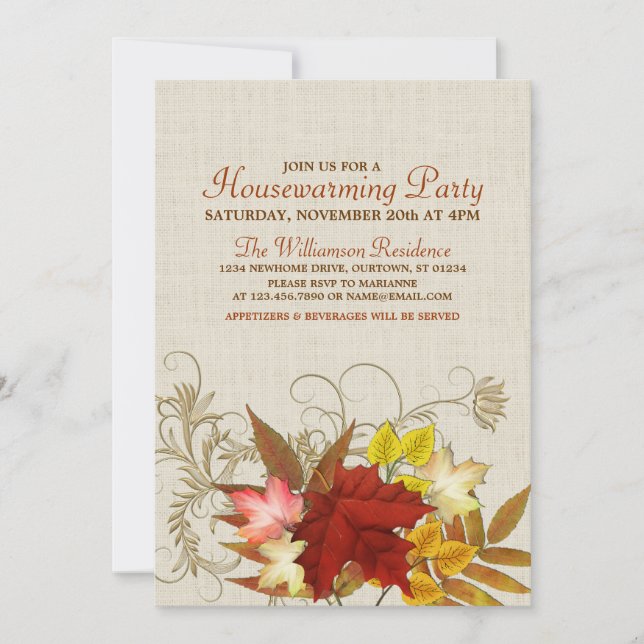 Autumn Burlap & Leaves Housewarming Invitation (Front)