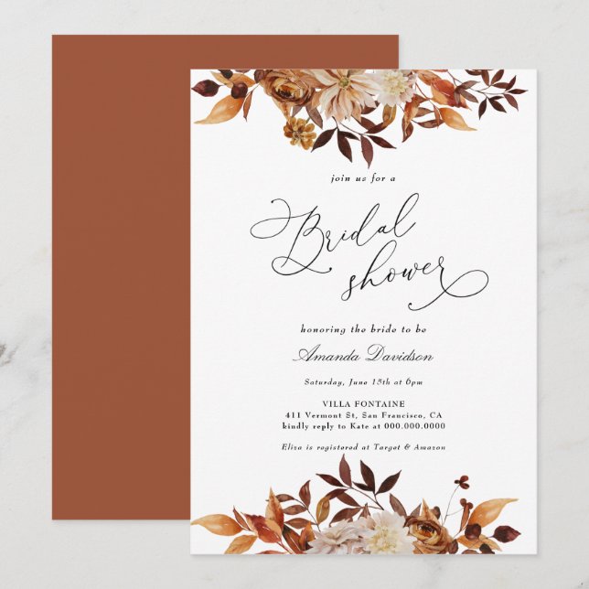 Autumn Burnt Orange Floral Boho Bridal Shower Invitation (Front/Back)