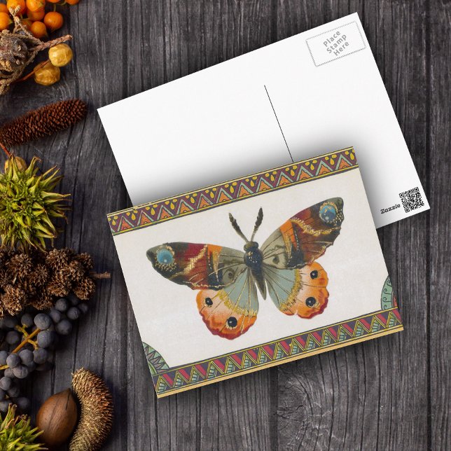 Autumn Butterfly Postcard (Monarch butterfly browns, blues, oranges with abstract border on postcard.)