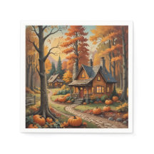Autumn Cabin Surrounded by Pumpkins
