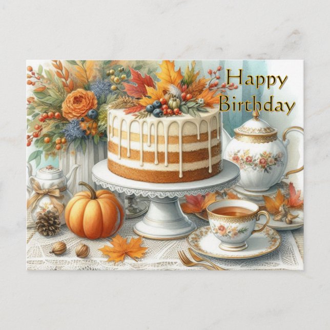 Autumn Cake and Teacup Happy Birthday  Postcard (Front)