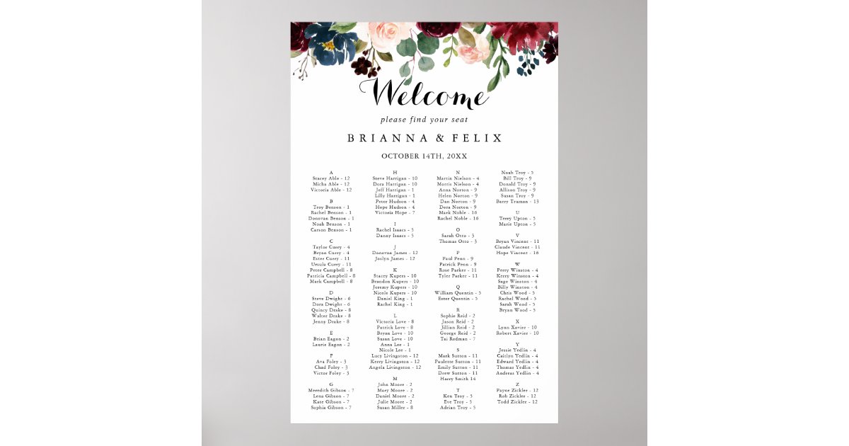 Autumn Calligraphy Alphabetical Seating Chart Zazzle Com