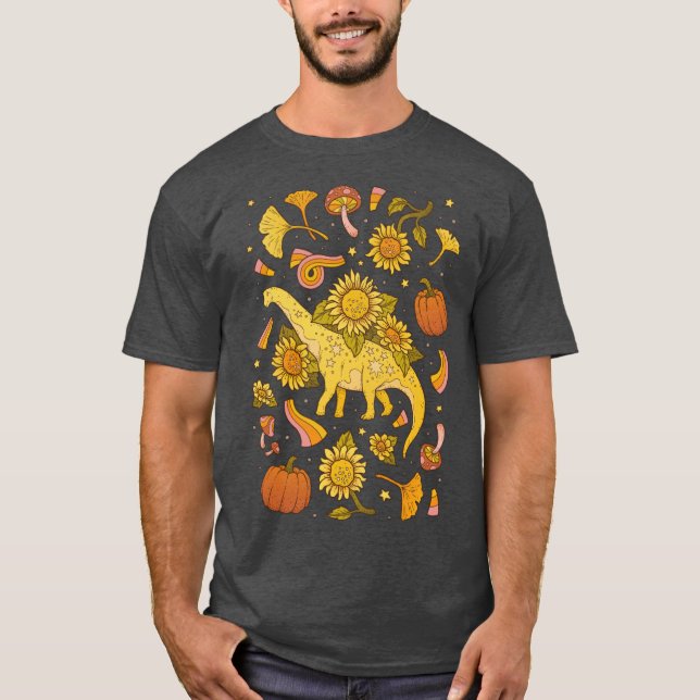 Autumn Camarasaurus Fall Dinosaur Sunflower Art Fu T-Shirt (Front)