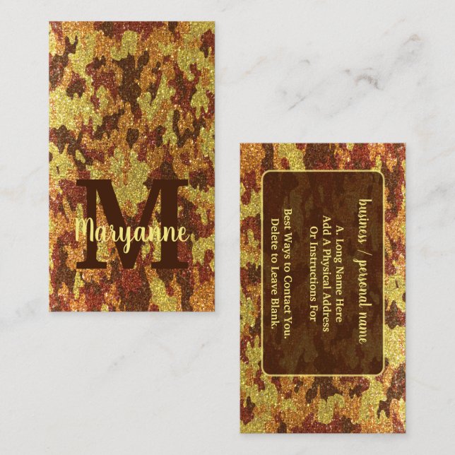 Autumn Camouflage Glitter Orange Hunting Camo Business Card (Front/Back)