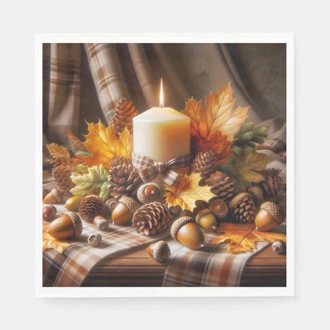 Autumn Candle With Acorns and Ribbon Napkins (Front)