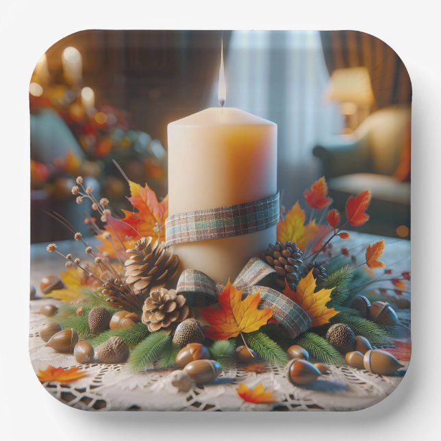 Autumn Candle With Acorns and Ribbon Paper Plates (Front)