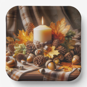 Autumn Candle With Acorns and Ribbon Paper Plates