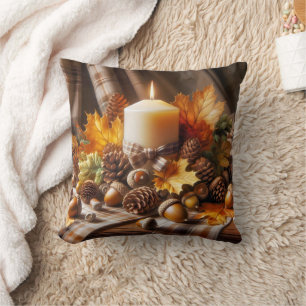 Autumn Candle With Acorns and Ribbon Throw Pillow