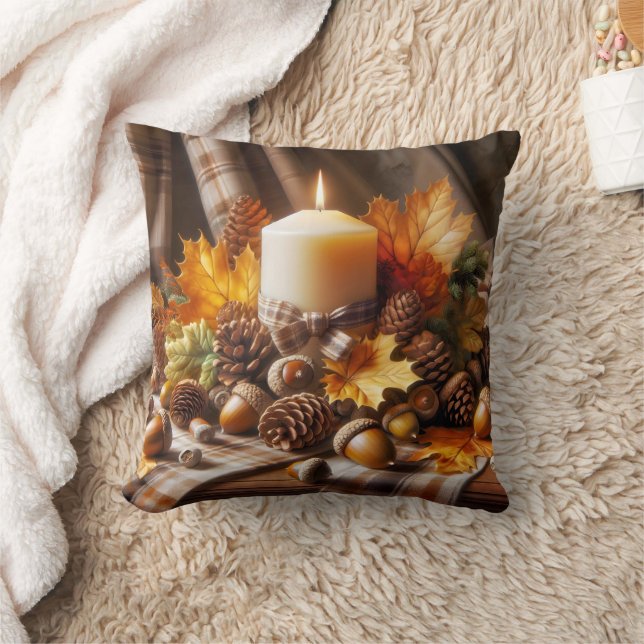 Autumn Candle With Acorns and Ribbon Throw Pillow (Blanket)