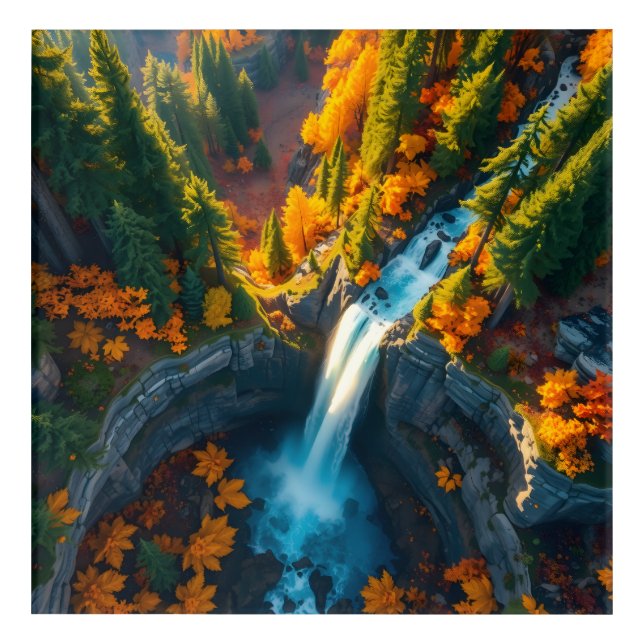 Autumn Canyon Waterfall – Vibrant Fall Forest Land Acrylic Print (Front)