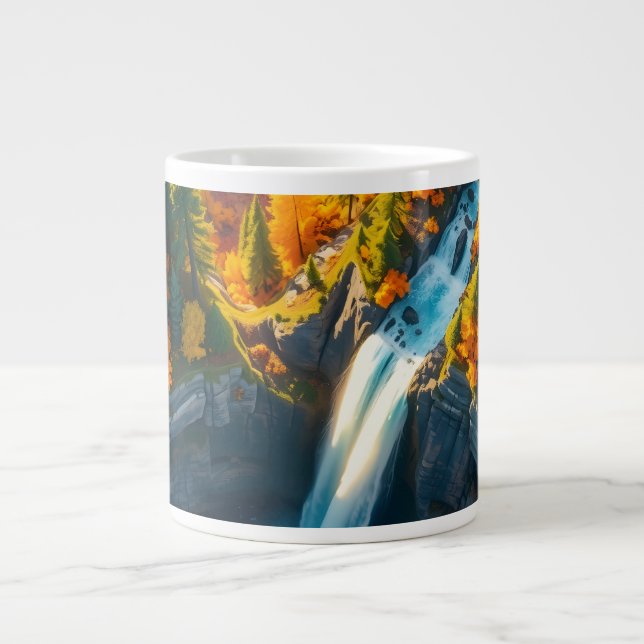Autumn Canyon Waterfall – Vibrant Fall Forest Land Giant Coffee Mug (Front)