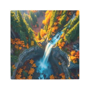 Autumn Canyon Waterfall – Vibrant Fall Forest Land Metal Print