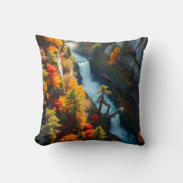 Autumn Canyon Waterfall – Vibrant Fall Forest Land Throw Pillow (Front)