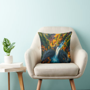 Autumn Canyon Waterfall – Vibrant Fall Forest Land Throw Pillow