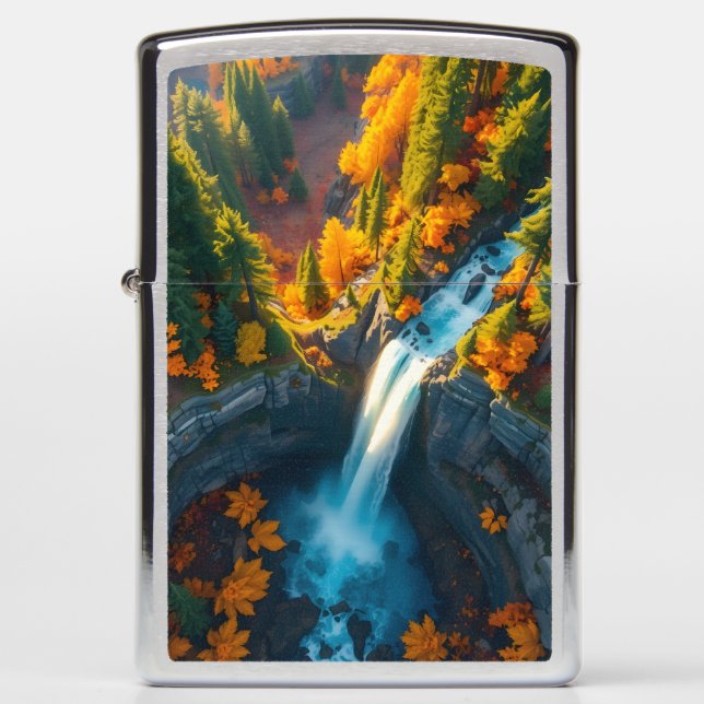 Autumn Canyon Waterfall – Vibrant Fall Forest Land Zippo Lighter (Front)