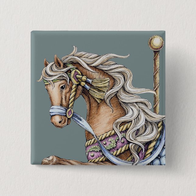 Autumn Carousel Horse Drawing Square Button (Front)