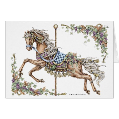 Autumn Carousel Horse Pen and Ink Drawing Card