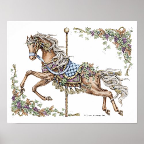 Autumn Carousel Horse Pen and Ink Drawing Poster
