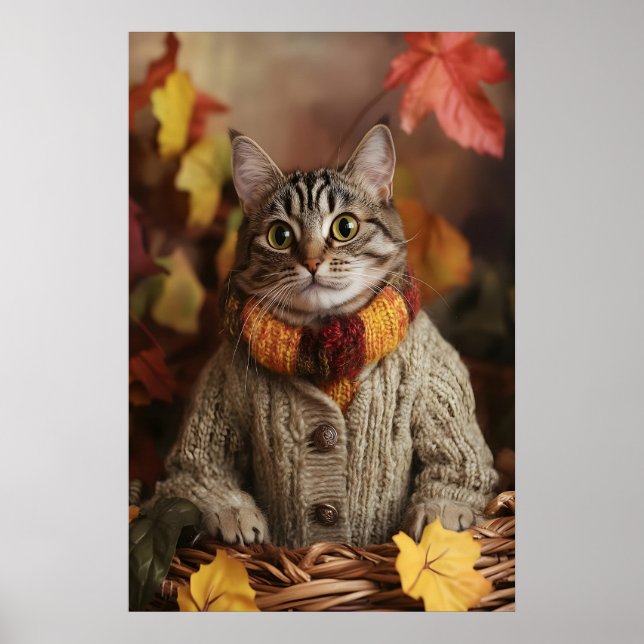 Autumn Cat Art Print, Cozy Fall Poster (Front)