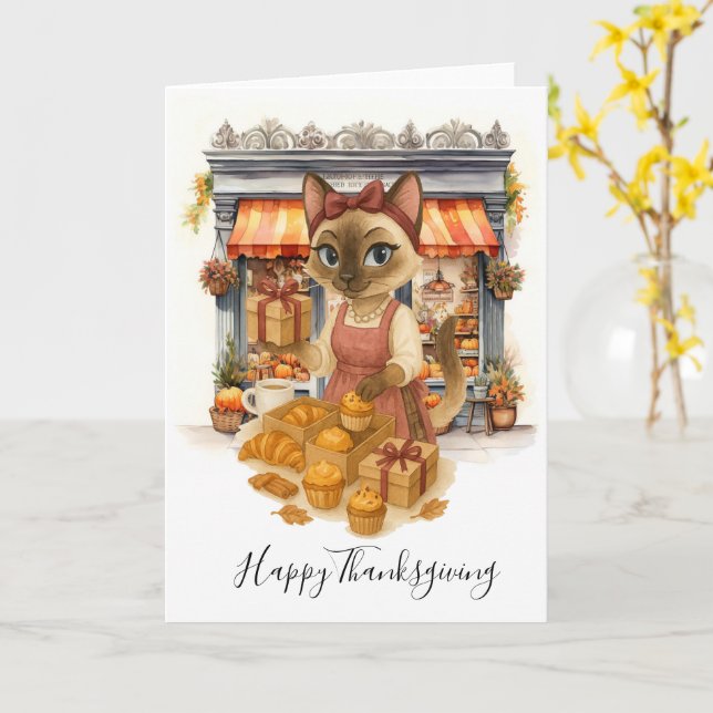 Autumn Cat Bakery Thanksgiving Fall Cat Lovers  Card (Yellow Flower)