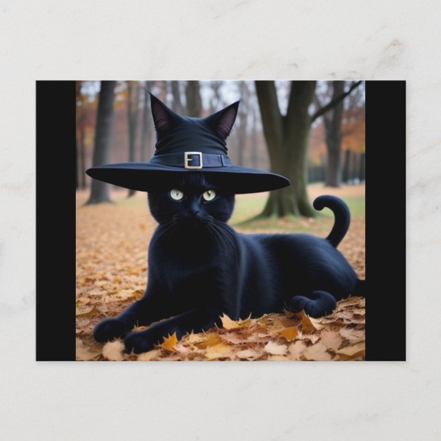 Autumn Cat Holiday Postcard (A black cat wearing a witch's hat lounges gracefully on a bed of autumn leaves.)