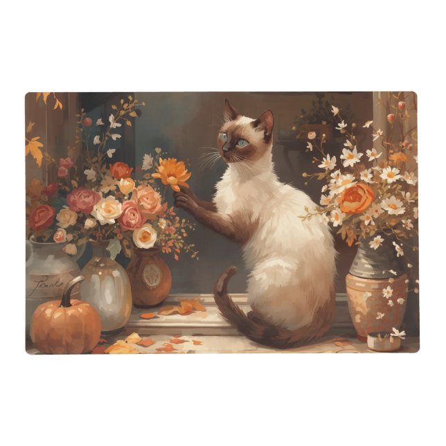Autumn cat is arranging flowers for Thanksgiving  Placemat (Front)