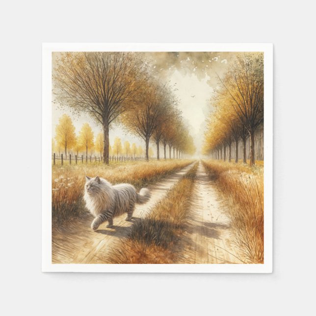 Autumn Cat Walking Down a Dirt Road Napkins (Front)