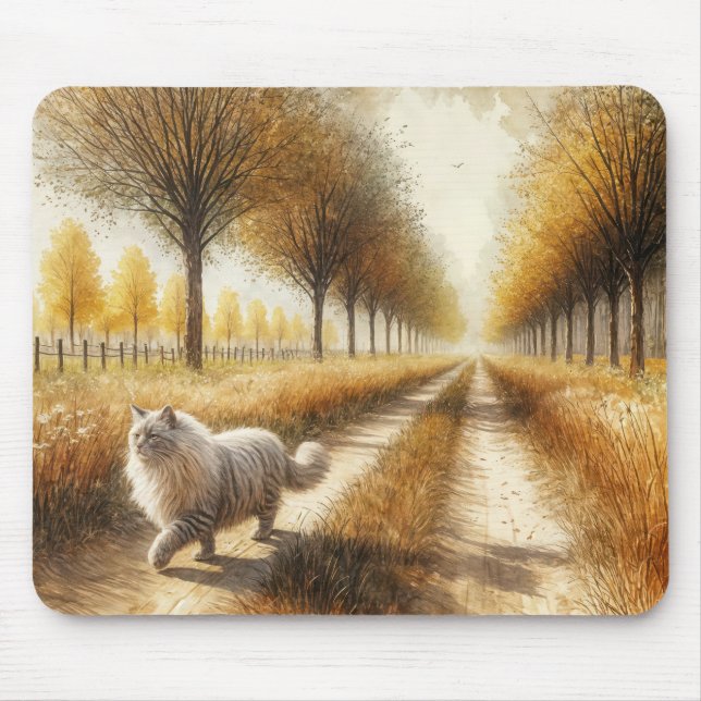 Autumn Cat Walking Down Dirt Road Mouse Pad (Front)