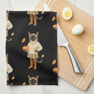 Autumn Cat with coffee for Thanksgiving  Kitchen Towel