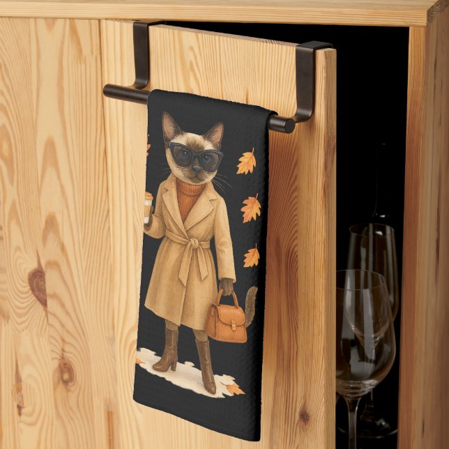 Autumn Cat with coffee for Thanksgiving  Kitchen Towel (Thirds Fold)