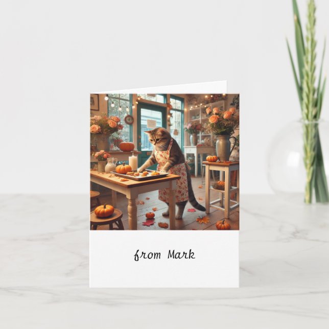 Autumn Cat with Flowers – Fall Season Greeting Card (Front)