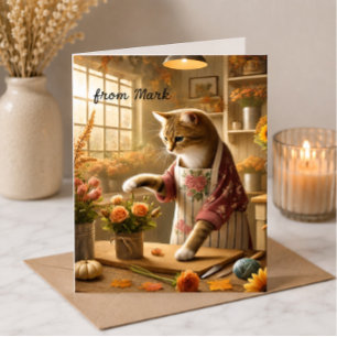 Autumn Cat with Flowers – Fall Season Greeting Card