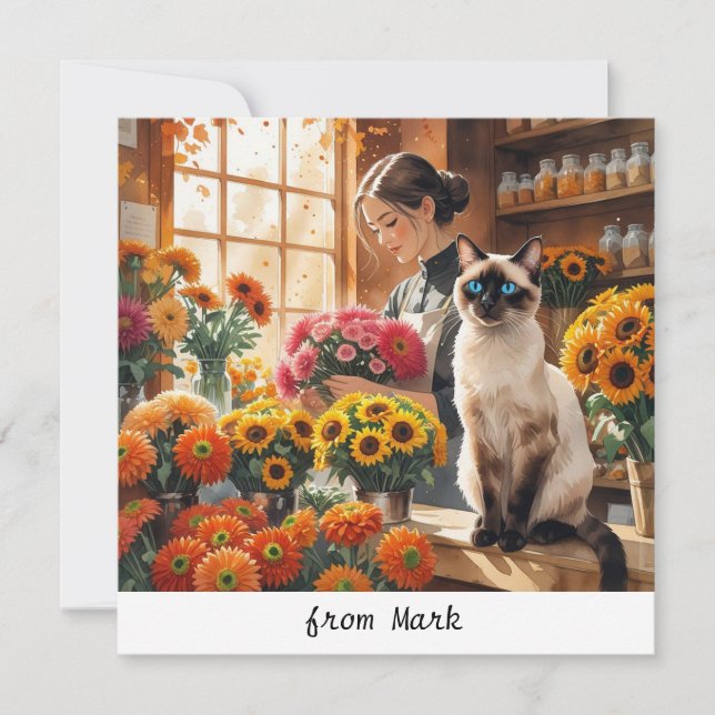 Autumn Cat with Flowers – Fall Season Greeting Holiday Card (Front)